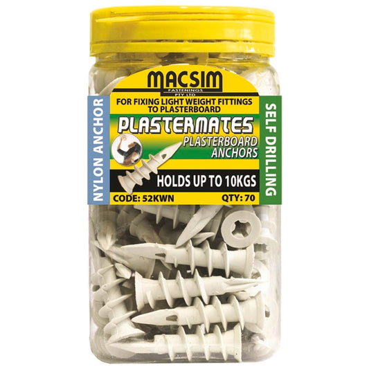 Macsim 45mm Nylon Plasterboard Anchor 70 Pack - White Nylon - Flush Finish - Holds Up To 10kg