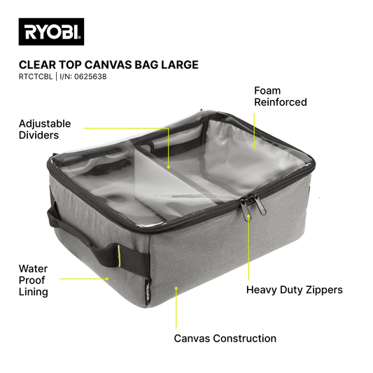 Ryobi Traxx Large Clear Top Canvas Bag - 340mm x 170mm x 460mm - Water-Resistant
