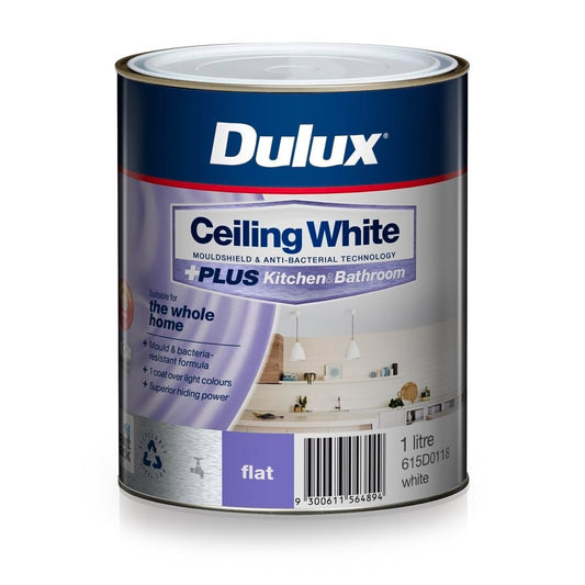 Dulux White Ceiling Plus Kitchen and Bathroom Paint 1L - 1.574kg - Mouldshield Protection - Flat Finish - Auzzistore