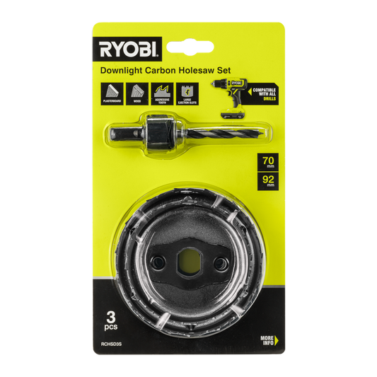 Ryobi 3 Piece Downlight Carbon Holesaw Set - 70mm & 92mm - Fast Cutting - Auzzistore