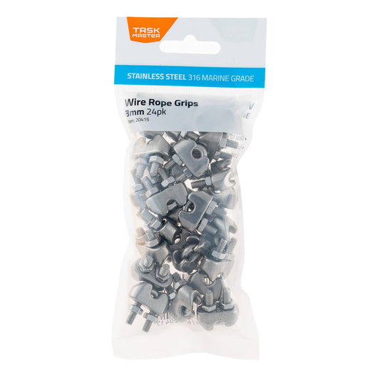 Taskmaster 3mm 316 Stainless Steel Wire Rope Grips - 24 Pack - Marine Grade - Auzzistore