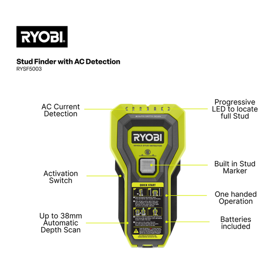 Ryobi Stud Finder RYSF5003 - Detects Timber, Metal & Wires - 38mm Deep – view 2 - Auzzistore