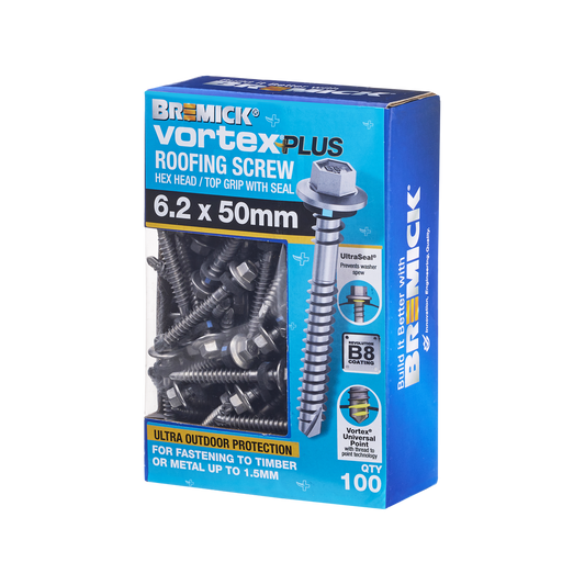 Bremick Vortex Plus Roofing Screw 6.2 x 50mm - 100 Pack - Watertight Seal - Auzzistore