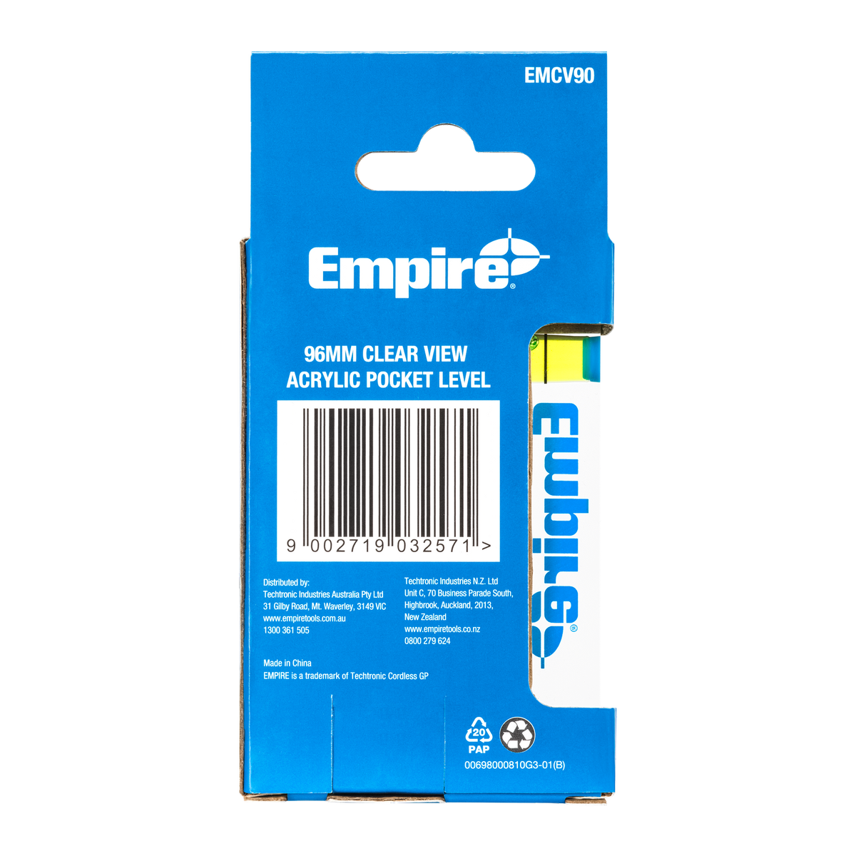 Empire Pocket Level - 96mm Clear Acrylic - Durable - Accurate Measurement
