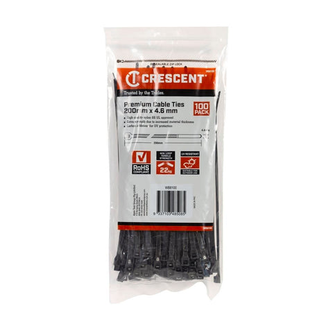 Crescent Cable Ties - 200 x 4.6mm - Black - 100 Pack - Nylon - UV Resistant - Auzzistore