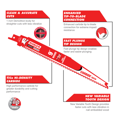 Diablo 9" Demo Demon Carbide Reciprocating Saw Blade - Red