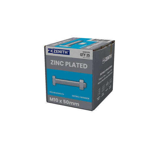 Zenith M10 x 50mm Zinc Plated Hex Head Bolts and Nuts 25 Pack - Durable Fastening Solutions - Auzzistore