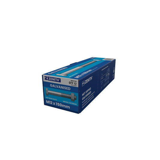 Zenith Hot Dip Galvanised Hex Head Bolts M12 x 150mm 12 Pack - Auzzistore