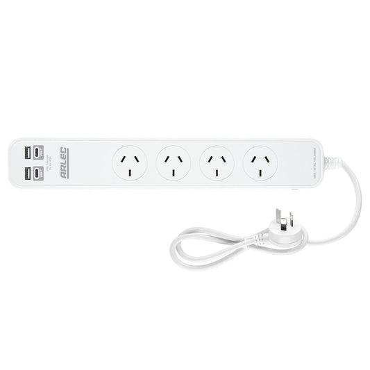 Arlec 4 Outlet Powerboard with USB 2A & 2C Charging Ports - 0.9m - White - Overload Protection