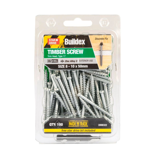 Buildex Trim Head Timber Screw - 10g x 50mm - Zinc Alloy 3 - 100 Pack - Auzzistore