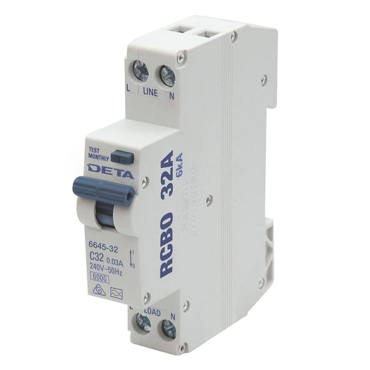 Deta 32A Residual Circuit Breaker with Overload Protection - 18mm Width - 6kA - Auzzistore