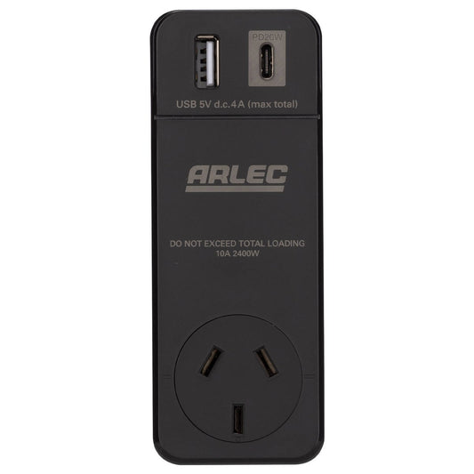 Arlec Power Adaptor PD20W USB - 180° Rotating Socket - Black - Compact Design