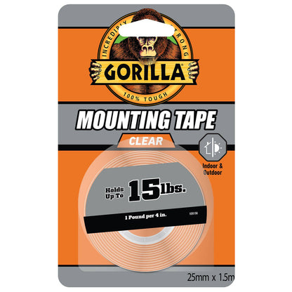 Gorilla Clear Mounting Tape 1.5m Adhesive Strong Hold Weatherproof