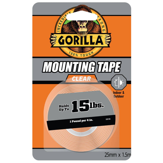 Gorilla Clear Mounting Tape 1.5m Adhesive Strong Hold Weatherproof