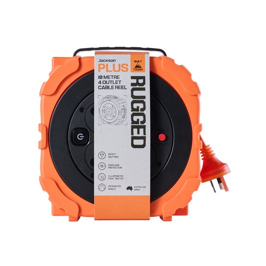 Jackson 10m Rugged 4 Outlet Extension Reel - Safety Shutters - Portable - Auzzistore