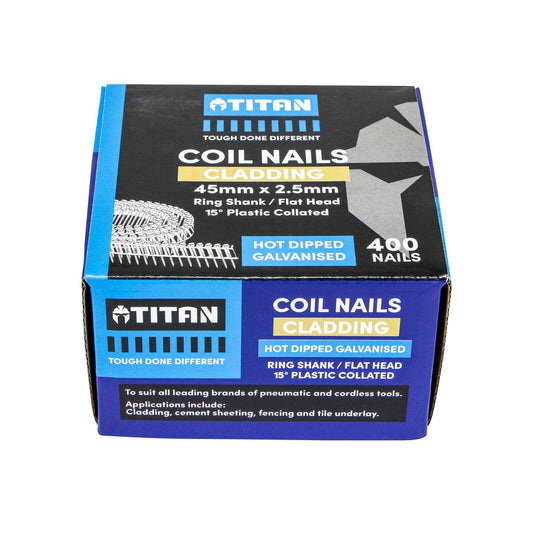 Titan Collated Coil Nail Ring 400 Pack - 45 x 2.5mm - Hot Dipped Galvanised - 15° Angle - Improved Holding Power - Auzzistore