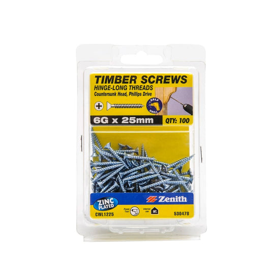 Zenith Timber Screws - 6g x 25mm - Zinc Plated - Countersunk Head - 100 Pack - Auzzistore