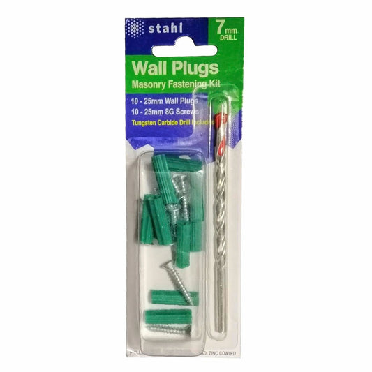 Stahl Masonry Kit - 7mm Drill - 25mm Green Wall Plugs - Easy Use - Auzzistore