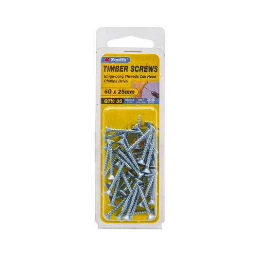 Zenith Hinge Long Thread Screws - 6g x 25mm - Zinc Plated - 35 Pack - Auzzistore