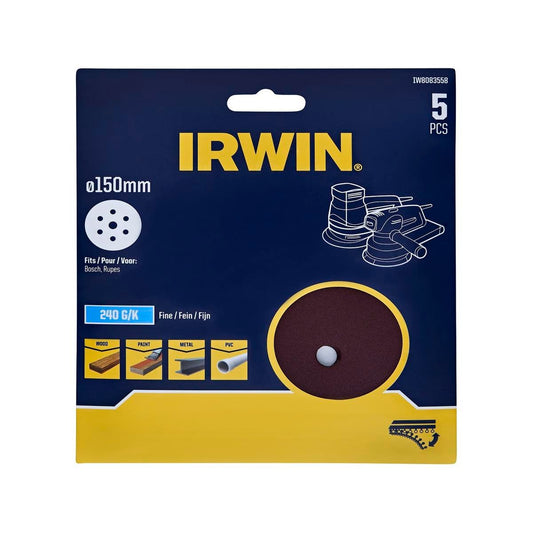 Irwin 150mm Quick Fit Random Orbital Sanding Discs 5 Pack - 240 Grit - Efficient Stock Removal - Auzzistore