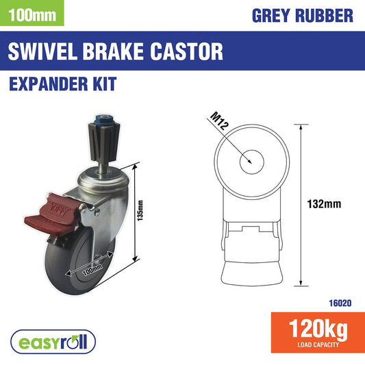Easyroll Castor Xpan Kit - 100mm - Grey Rubber - 120kg Load Rating – view 2 - Auzzistore