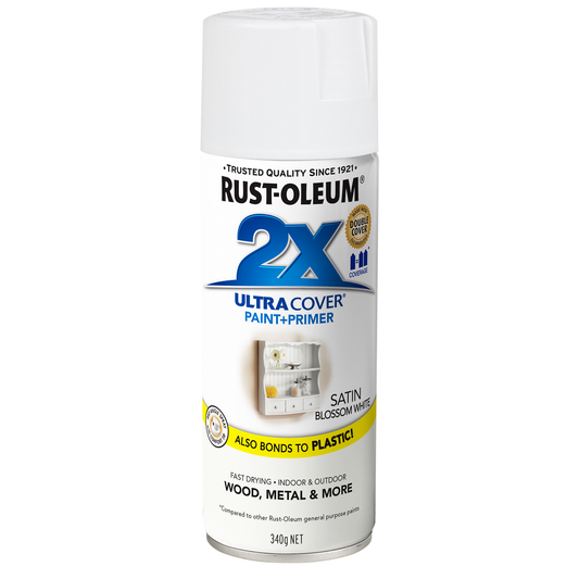 Rust-Oleum 2X Ultra Cover Blossom Satin White Spray Paint 340g Durable
