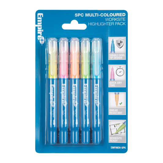 Empire 5 Piece Multi Coloured Highlighter Pack - 18.8mm x 186mm - Durable Ink - Auzzistore