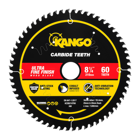 Kango 210mm 60T Wood Mitre Saw Blade - Cobalt Carbide - Clean Cuts