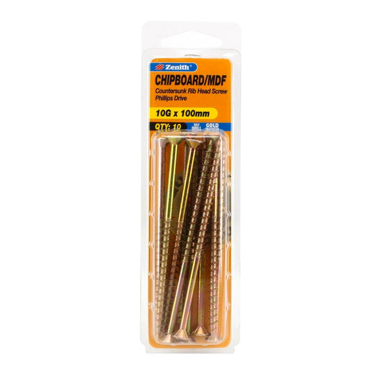 Zenith Chipboard Screws - 10g x 100mm - Gold Passivated - 10 Pack - Rib Head - Auzzistore