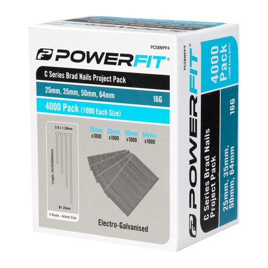 Powerfit C Series Brad Nails Project Pack - 4000 Nails - 25mm 35mm 50mm 64mm - Electro Galvanised - Auzzistore
