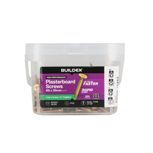 Buildex Plasterboard Screws - 6g x 30mm Gold Passivated - 500 Pack - Dual Type 17 Tip - Corrosion Resistant - Auzzistore