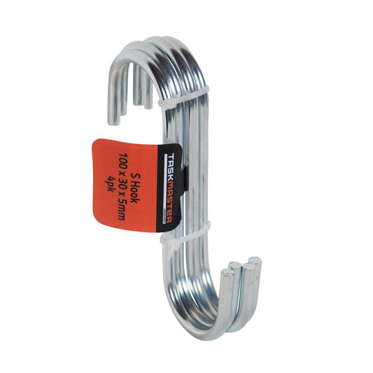 Taskmaster Steel S Hook 4 Pack - 100 x 30 x 5mm - Durable Garage Storage