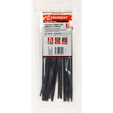 Crescent Cable Ties - 200 x 4.6mm - Black - 25 Pack - Nylon - UV Resistant - Auzzistore