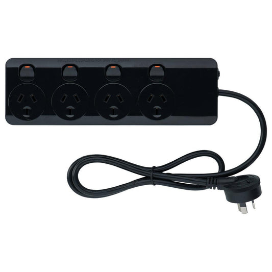 Arlec 4 Outlet Individually Switched Powerboard 1.8m - Black - Safety Alarm