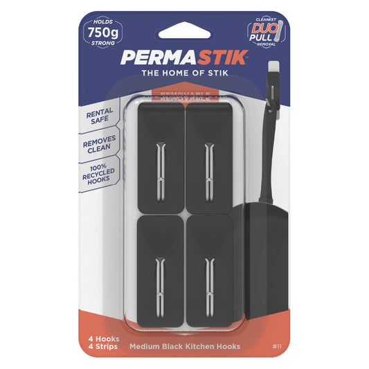 Permastik Medium Black Kitchen Hooks 4 Pack - 110mm x 200mm - Holds 1kg