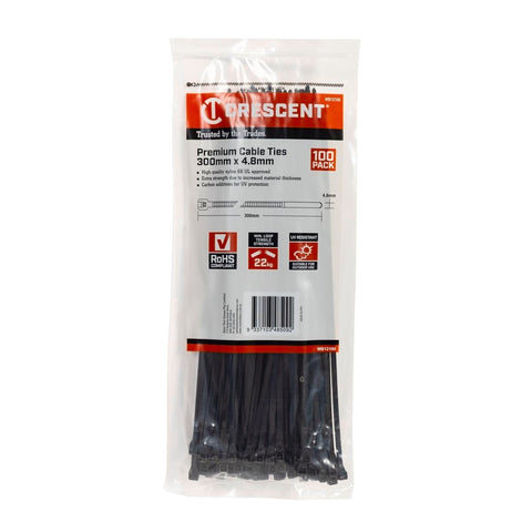 Crescent Cable Ties - 300 x 4.8mm - Black - 100 Pack - Nylon - Flame Retardant - Auzzistore