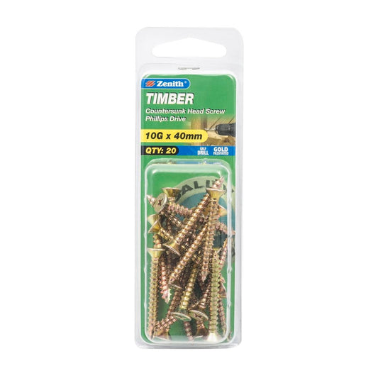 Zenith Timber Screws - 10g x 40mm - Gold Passivated - 20 Pack - Auzzistore