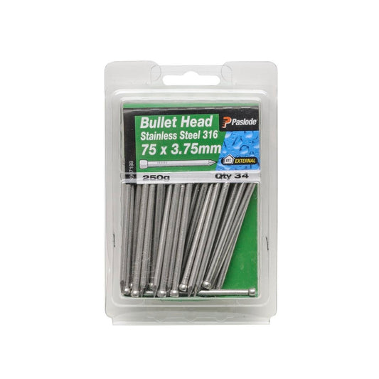 Paslode Bullet Head Nails - 75 x 3 75mm - 250g - Stainless Steel - Corrosion Resistant - Auzzistore