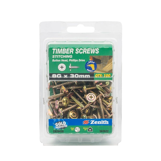Zenith Gold Passivated Button Head Timber Screws 8g x 30mm 100 Pack - Auzzistore