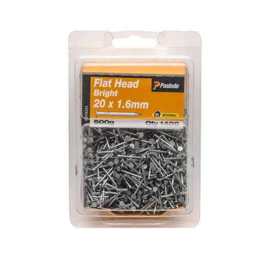 Paslode Flat Head Nails 20 x 1 6mm Bright Steel 500g 1400 Pack - Auzzistore