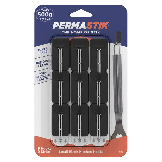 Permastik Small Black Kitchen Hooks 9 Pack - 22mm x 40mm - Holds 500g