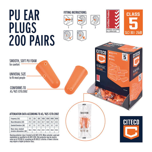Citeco Class 5 Ear Plugs 200 Pairs - PU Foam - Disposable - Comfortable Fit - 18mm x 25mm x 10mm – view 2