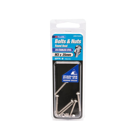 Zenith M3 x 25mm 316 Stainless Steel Round Head Bolt and Nut 6 Pack - Auzzistore