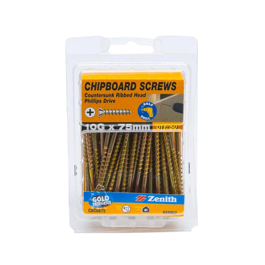 Zenith 10g x 75mm Countersunk Rib Head Chipboard Screws - 50 Pack - Gold - Coarse Thread - Auzzistore