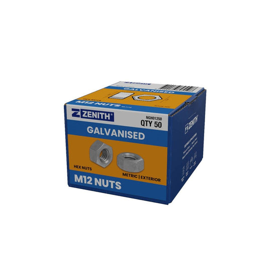 Zenith Hot Dip Galvanised Hex Nuts M12 50 Pack 4.6 Grade Steel Durable