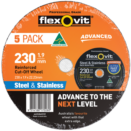 Flexovit Cut Off Wheel - 230mm - Aluminium Oxide - 5 Pack - Burr-Free - Auzzistore