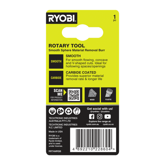 Ryobi Rotary Smooth Sphere Material Removal Burr - 51mm x 21mm x 101mm - Durable Carbide – view 2 - Auzzistore