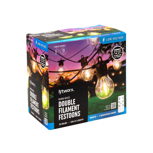 Lytworx Warm White Festoon Lights 25 Pack - 12m Length - LED - Remote Control - Auzzistore