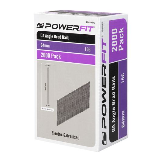 Powerfit 64mm Electro Galvanised DA Angled Brad Nails - 2,000 Pack - Corrosion Resistant - 15-Gauge - Auzzistore