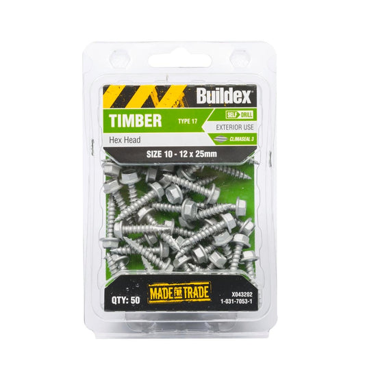 Buildex Timber Screws 10x25mm Galvanised Steel Hex Head 50 Pack - Auzzistore